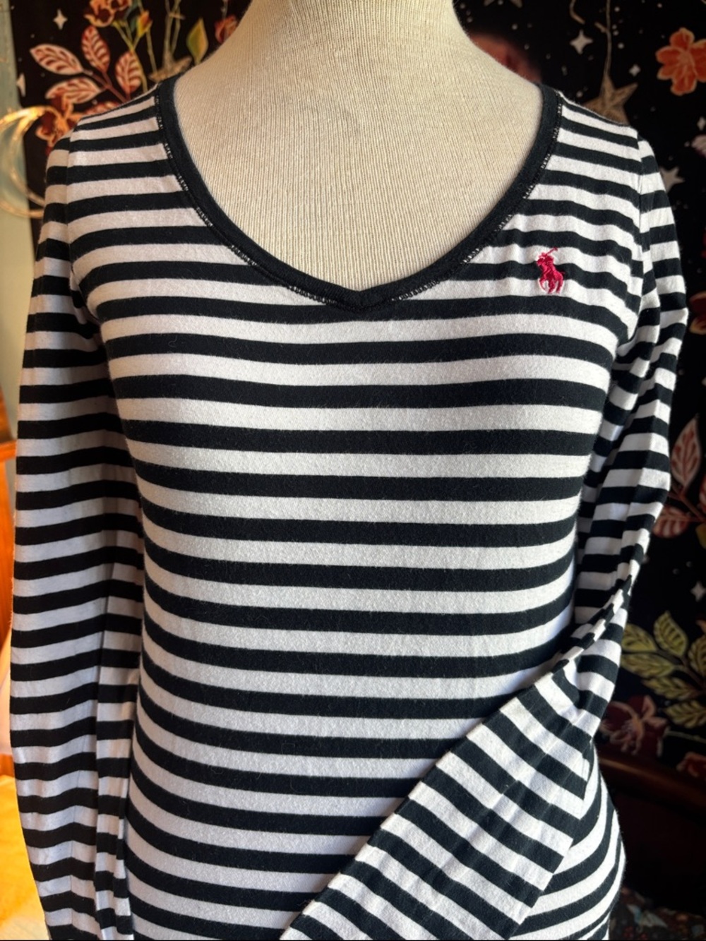 Ralph Lauren Black and White Striped V-Neck Long Sleeve Tee